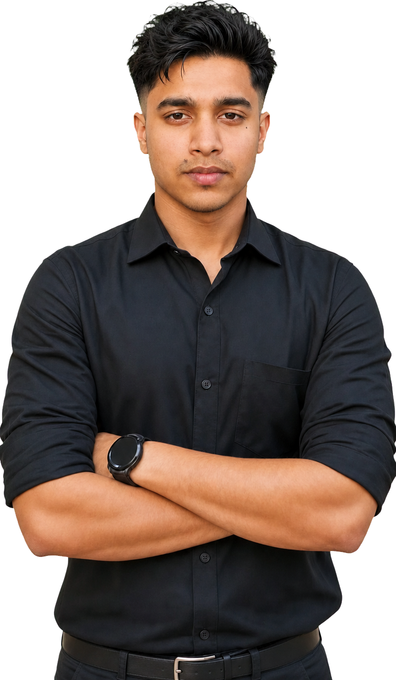 Atishay Jain in a black shirt, smiling with his arms crossed