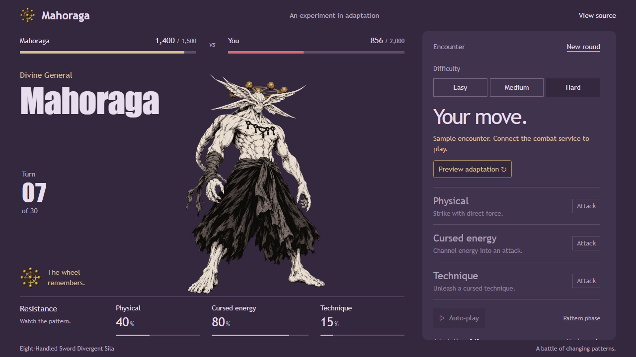 Purple Mahoraga arena showing sample health and resistance values with a visible notice that the combat service is disconnected