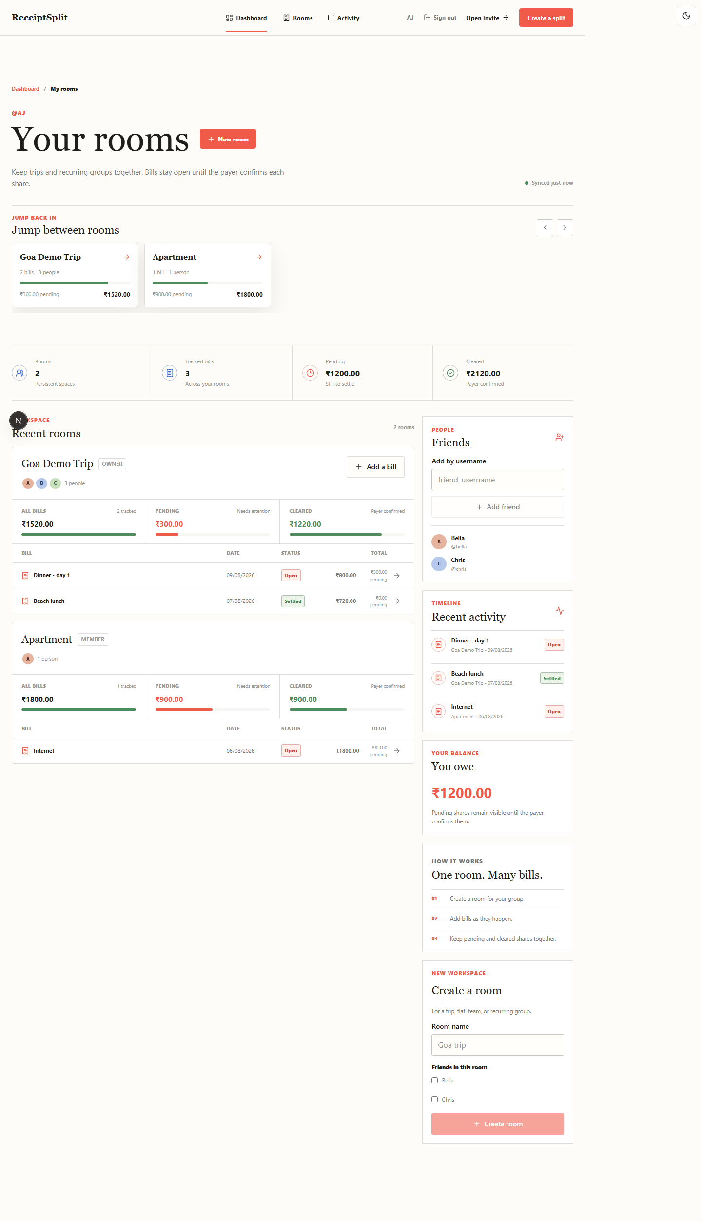 ReceiptSplit dashboard showing sample shared rooms, bill totals, and pending and cleared amounts.