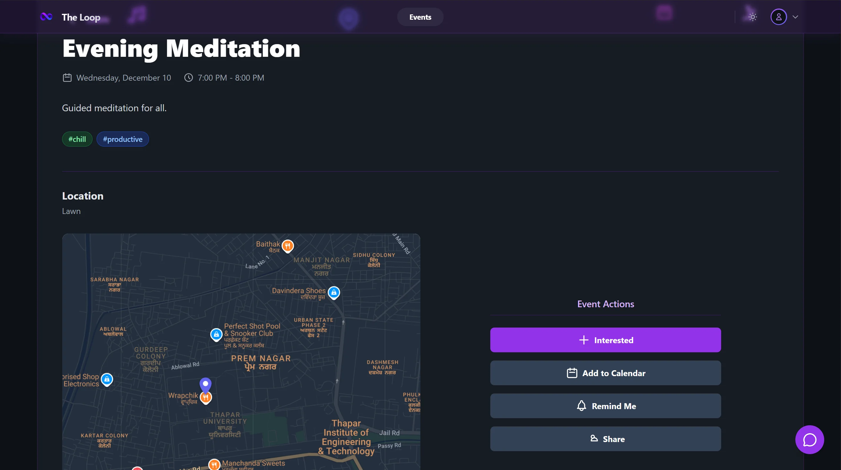 The Loop event detail page showing event actions and location map