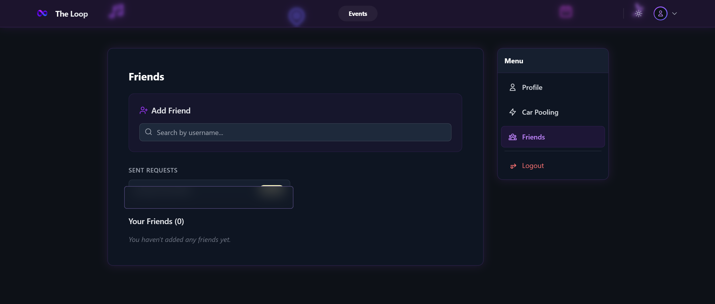 The Loop friends page with sent-request username redacted