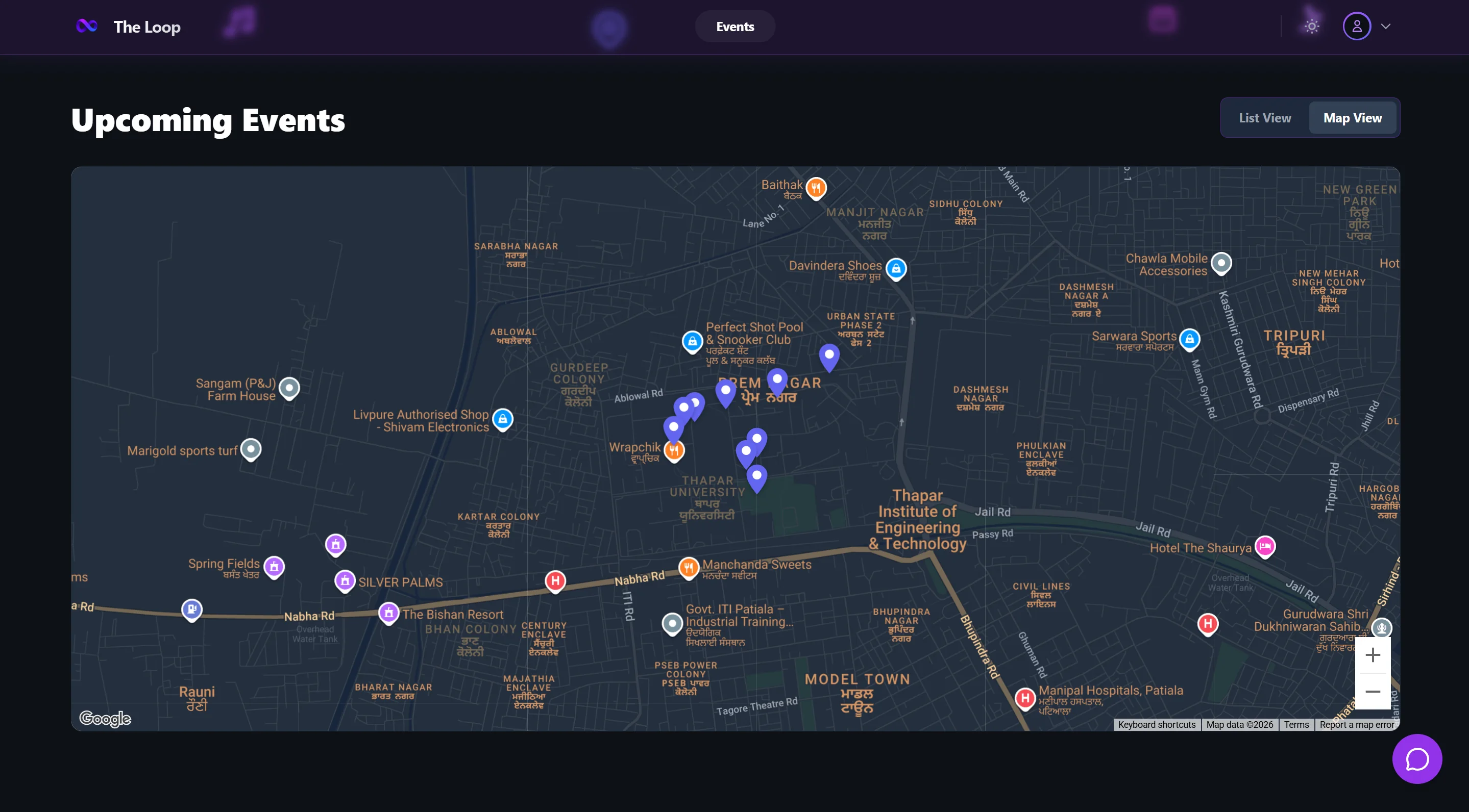 The Loop map view showing event pins near Thapar Institute