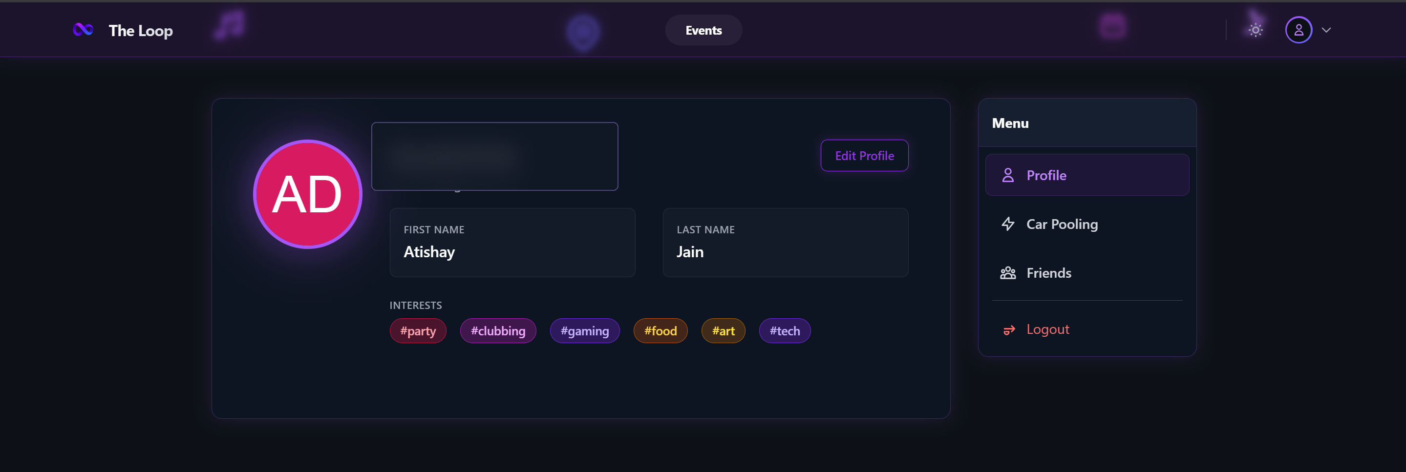The Loop profile page with personal contact details redacted